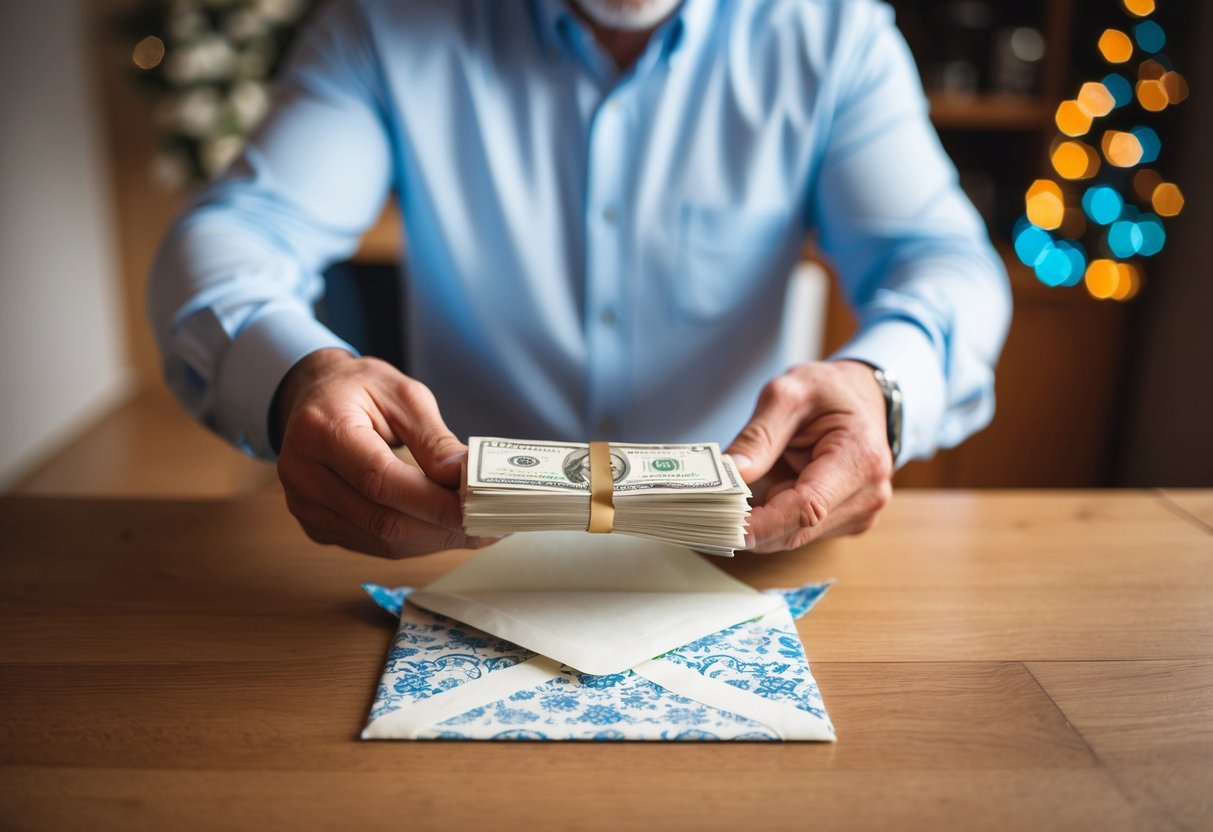 A father placing a stack of bills into a decorative envelope for his daughter's wedding day gift