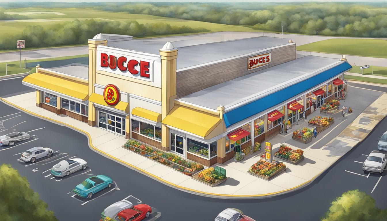 A bustling buc-ee's store in Wisconsin, surrounded by empty gas stations and convenience stores. Bright lights and a large, clean parking lot