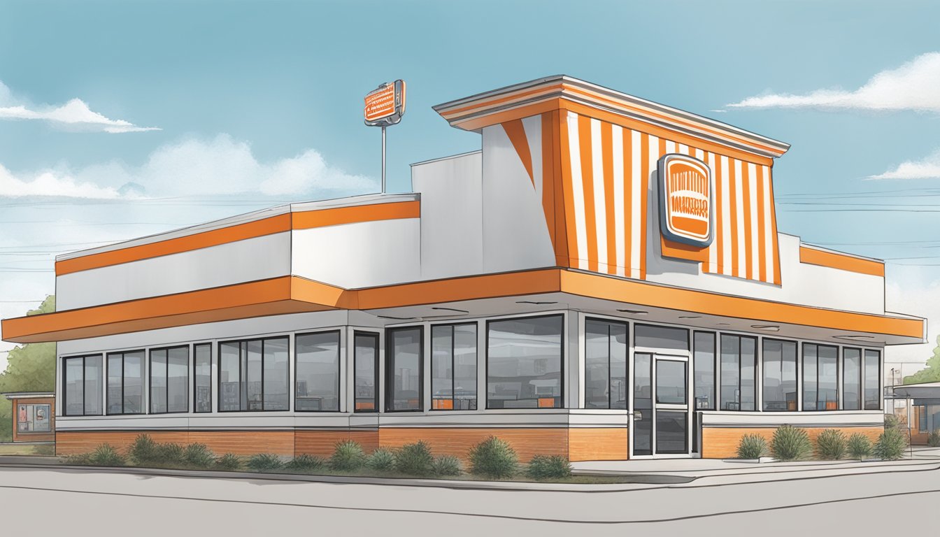 A Whataburger restaurant stands tall in a bustling Muskogee location, with its iconic orange and white striped roof visible from a distance