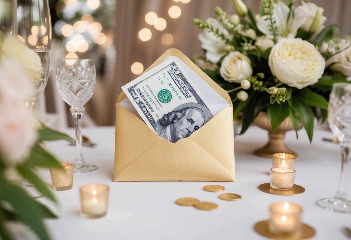 A decorative envelope with a monetary gift inside, surrounded by elegant wedding decor and flowers