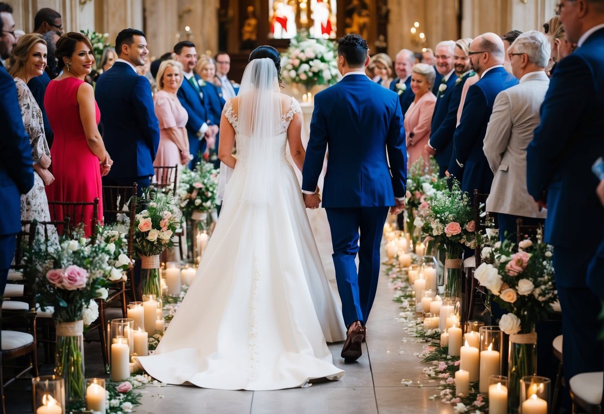 The bride and groom walk down the aisle, surrounded by flowers and guests, with the aisle lined with candles and leading to an altar