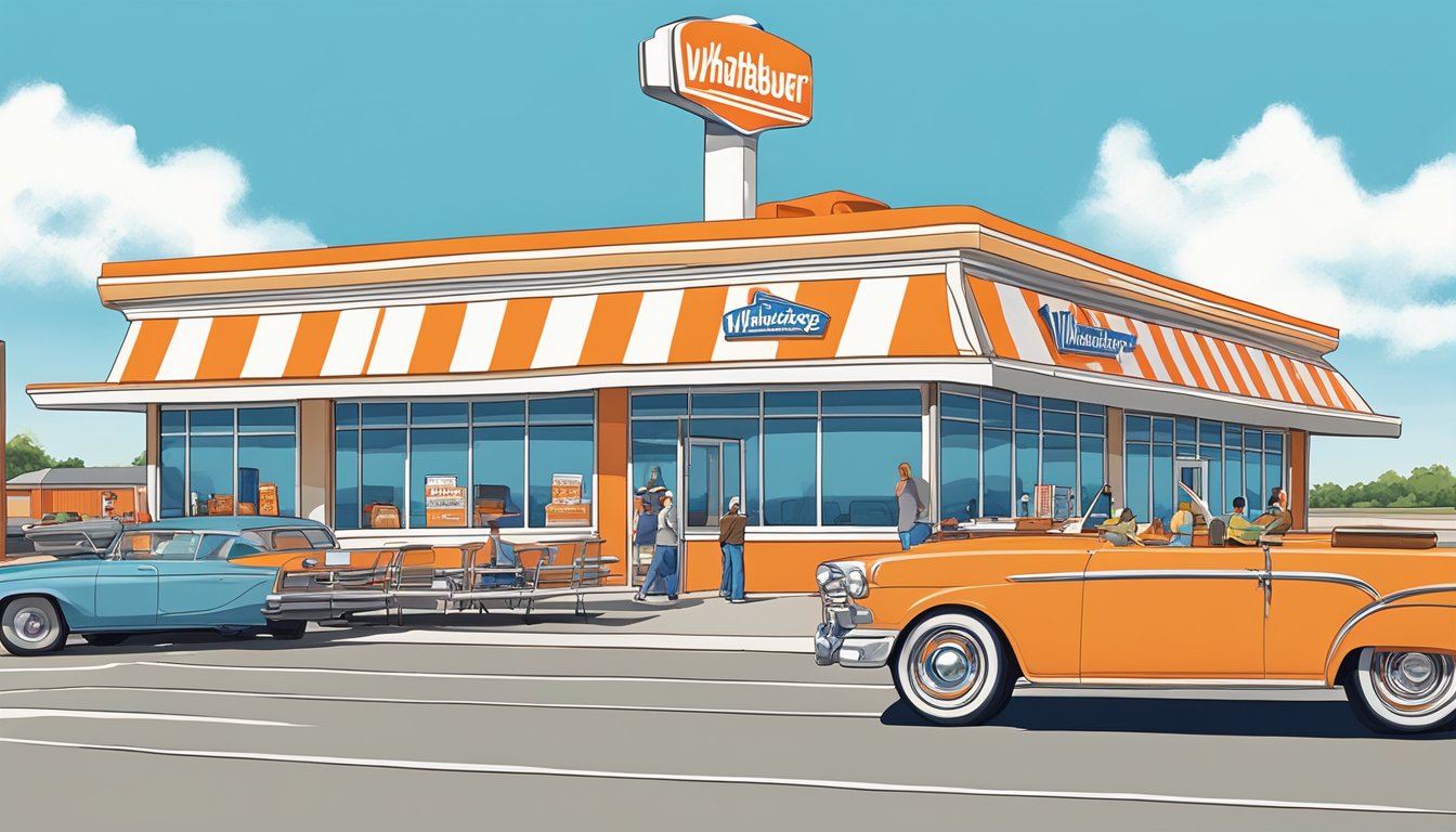 A bustling Whataburger restaurant in Muskogee, with a line of cars at the drive-thru and people dining inside. The iconic orange and white striped building stands out against a blue sky