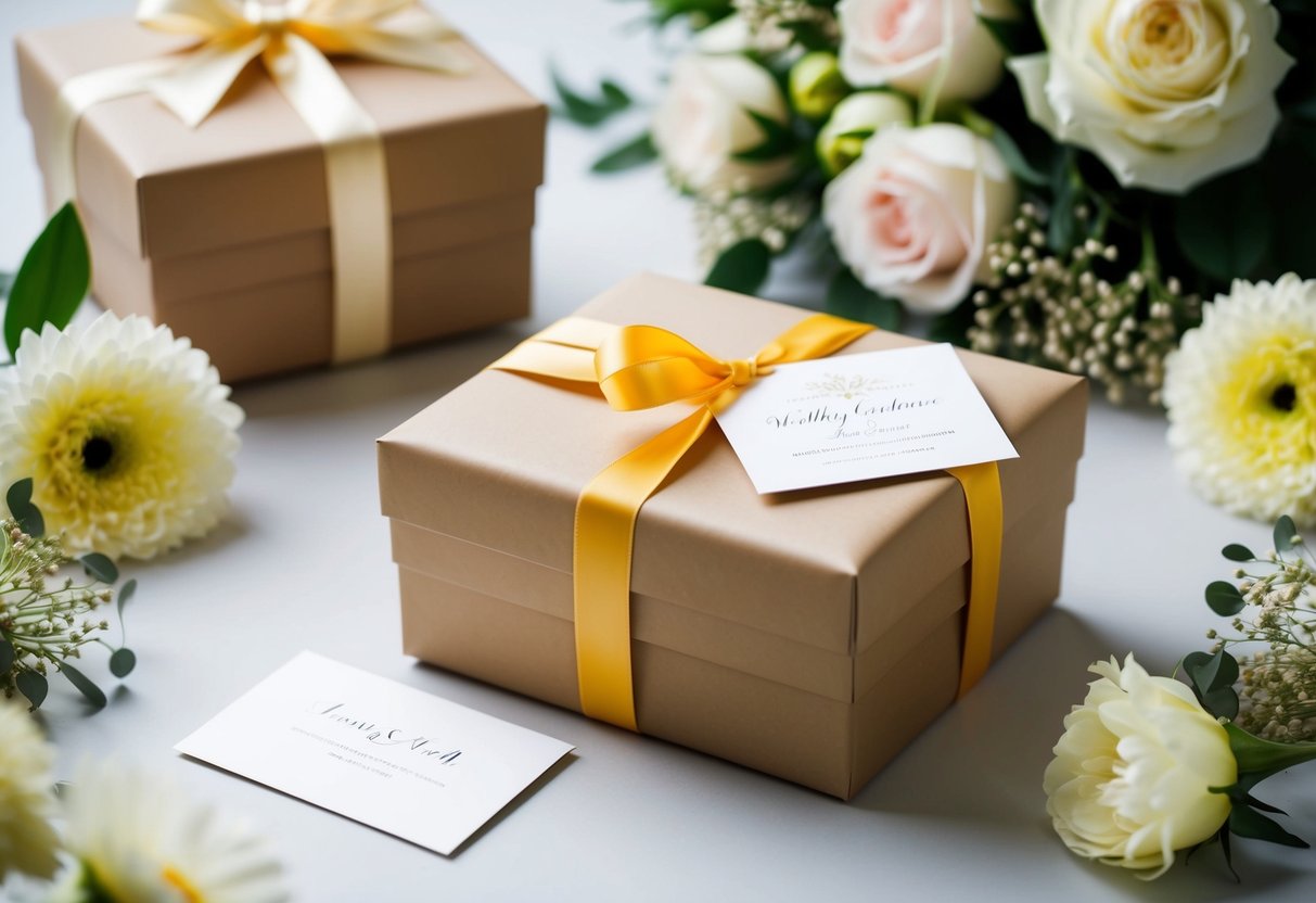 A beautifully wrapped gift box with a ribbon and a card, surrounded by wedding decorations and flowers