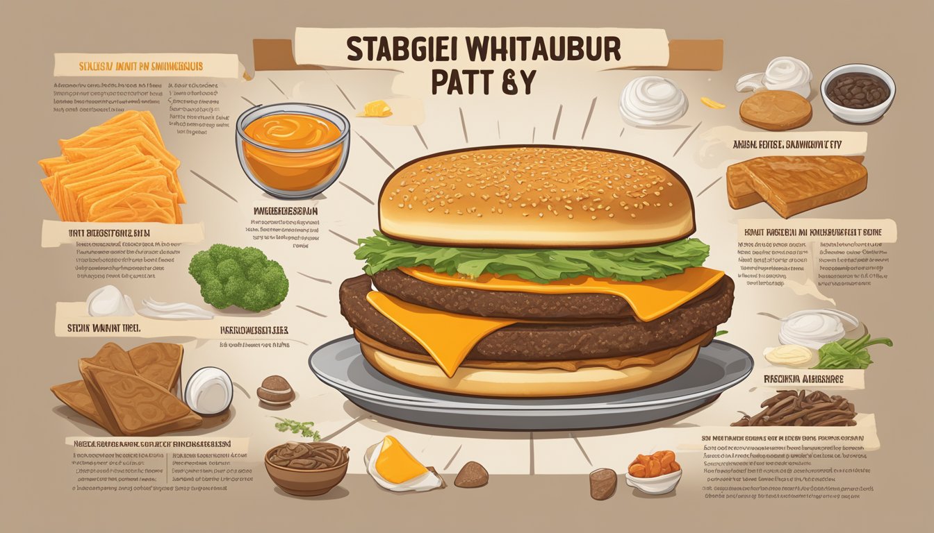 A sizzling Whataburger patty melt surrounded by key ingredients and allergen warnings