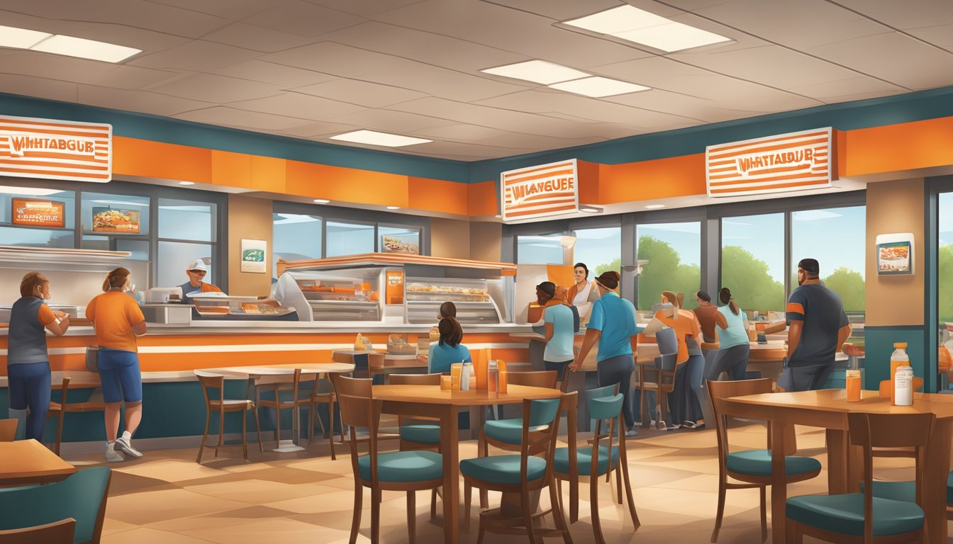 A bustling WhatABurger in Muskogee with customers enjoying meals and staff providing friendly service amidst a warm and inviting atmosphere