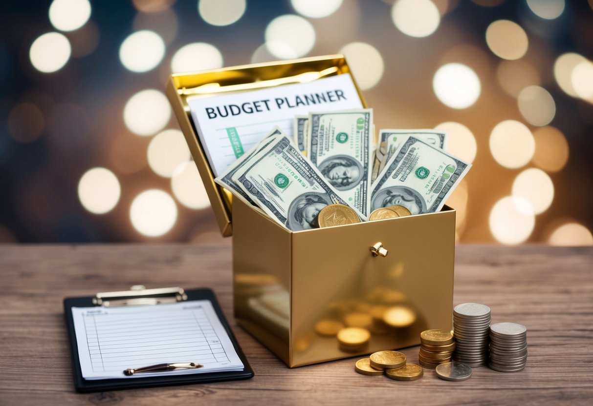 A wedding gift box filled with cash, coins, and a budget planner