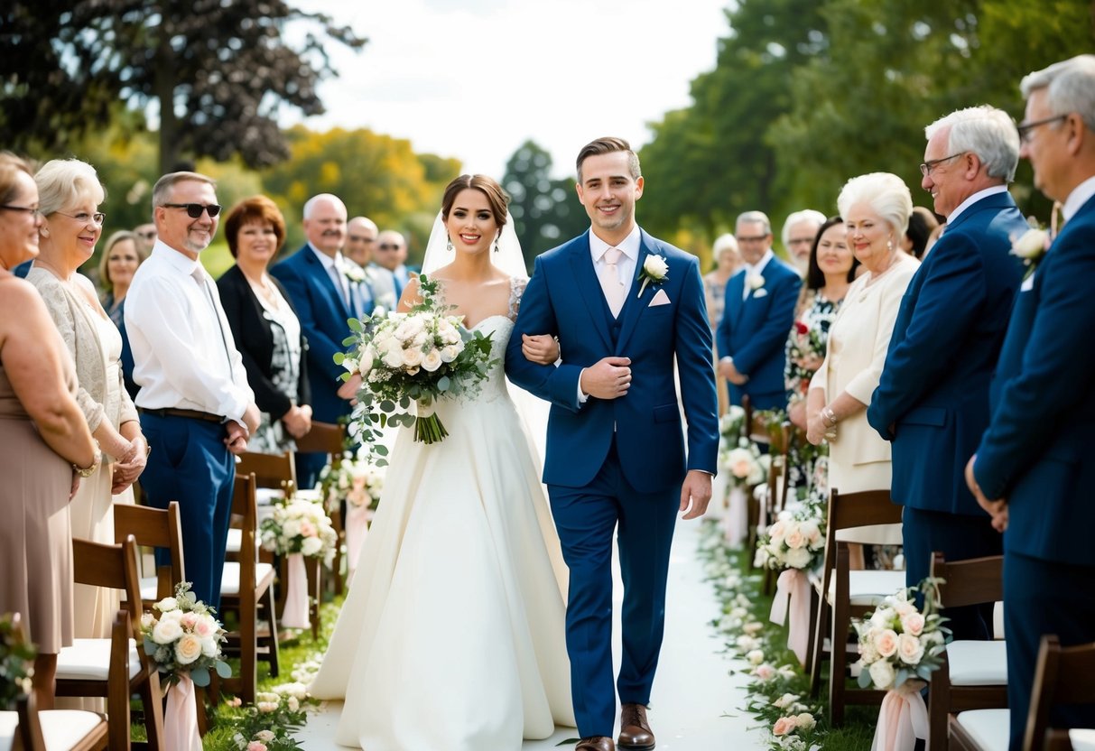 The bride and groom walk down the aisle, surrounded by loved ones and adorned with flowers and symbols of unity