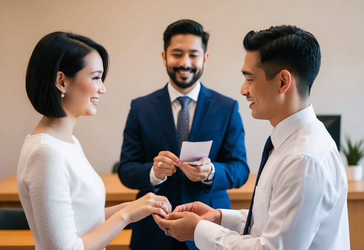 A couple exchanging rings in front of a registrar at a simple, government office