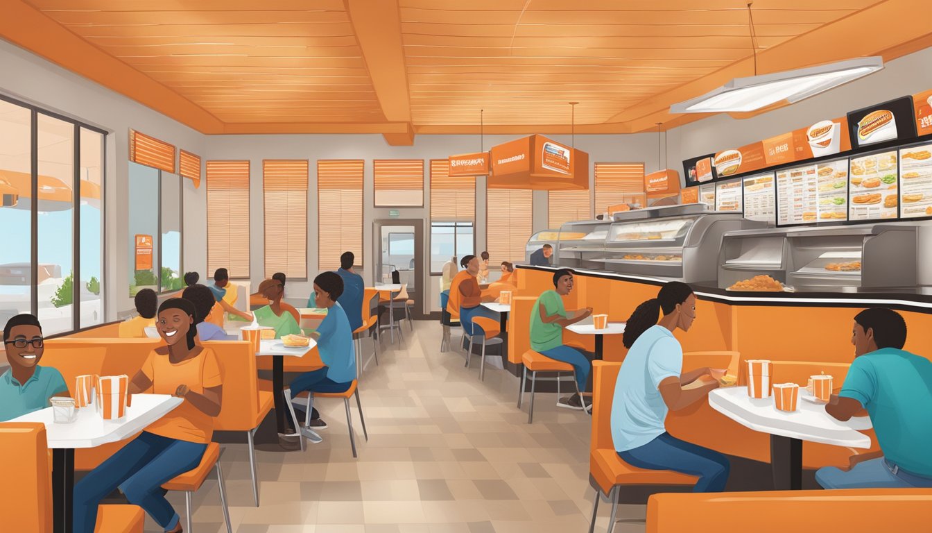 A bustling Whataburger restaurant in Muskogee, with customers enjoying their meals and leaving positive reviews and testimonials on the walls