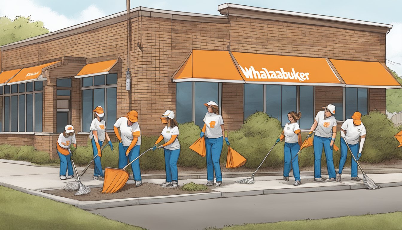 Whataburger in Muskogee, Oklahoma, participating in a community clean-up event, with employees and volunteers working together to beautify the local area