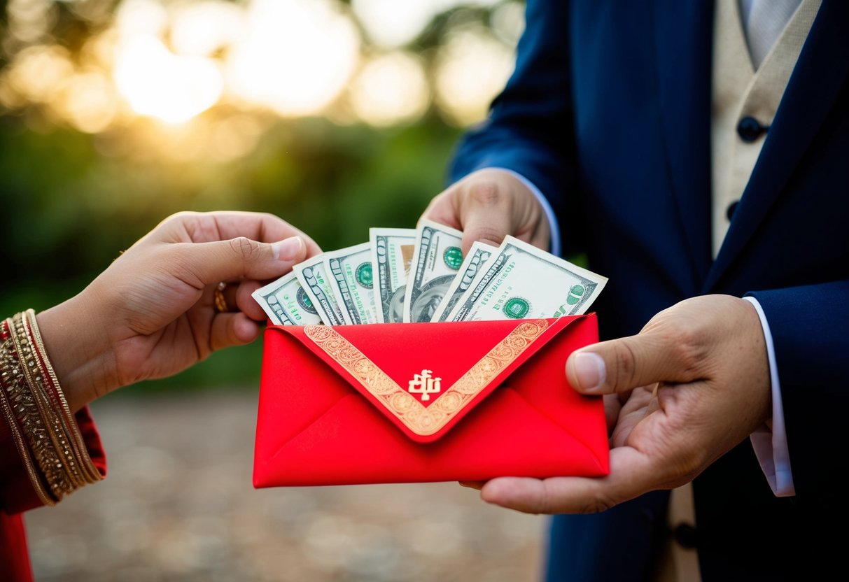 A pair of hands holding a red envelope filled with money, presented as a traditional gift from the groom's parents for the wedding