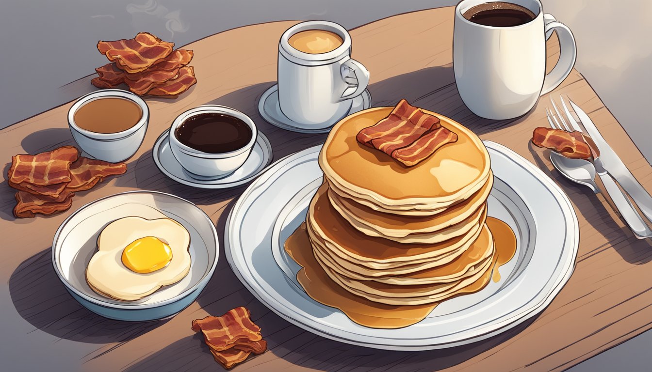 A plate of fluffy pancakes topped with butter and syrup, accompanied by a side of crispy bacon and a steaming cup of coffee