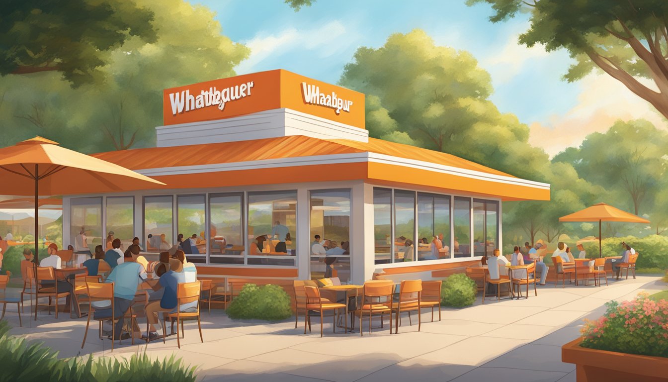 A bustling Whataburger restaurant in Georgia, surrounded by lush greenery and a warm, sunny sky. Customers are seen enjoying their meals at outdoor tables