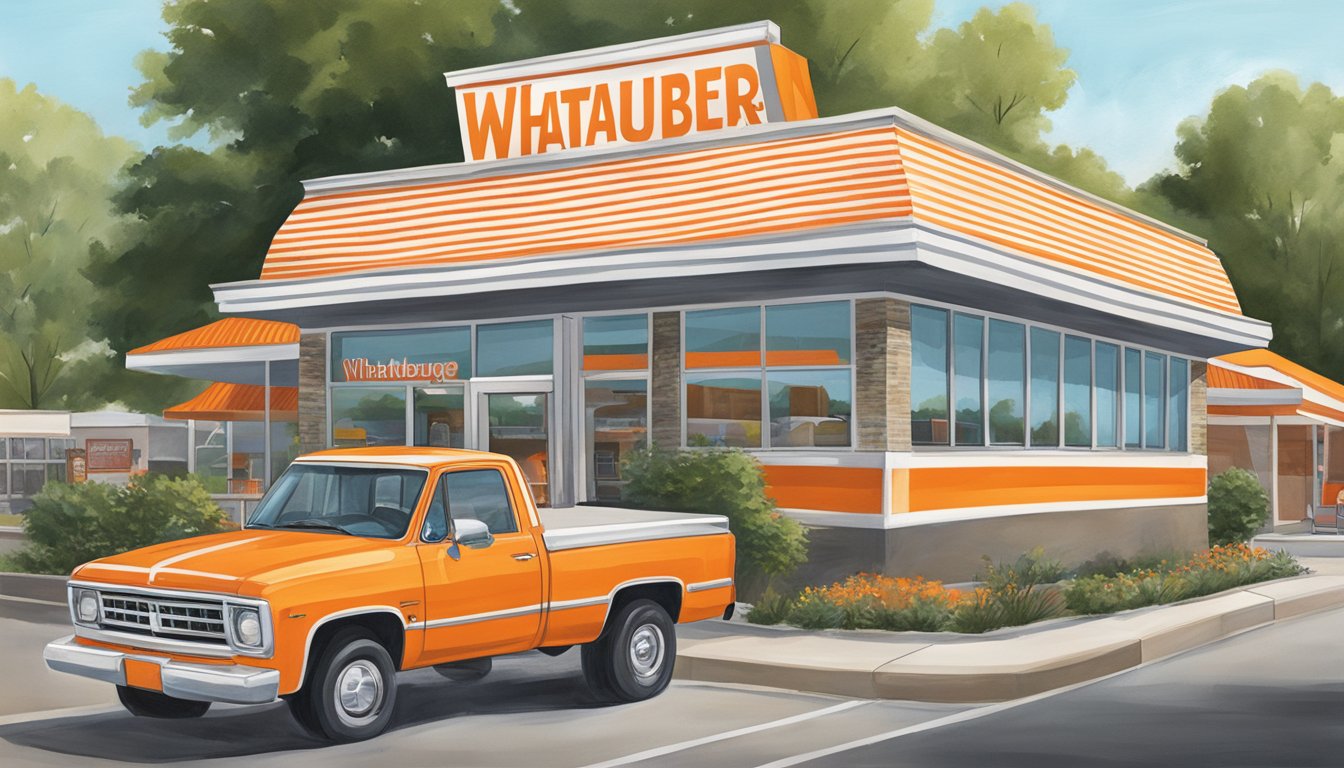 A bustling Whataburger restaurant in Texarkana, with a drive-thru, outdoor seating, and the iconic orange and white striped building