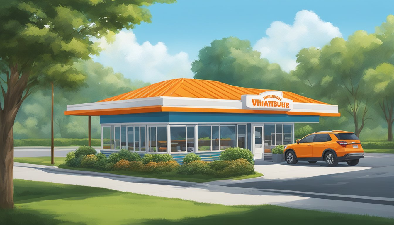 A Whataburger restaurant in Georgia, surrounded by lush green trees and a clear blue sky