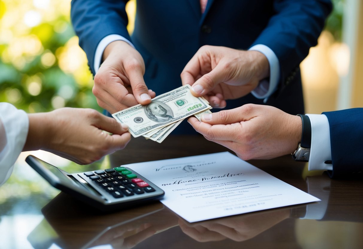 A pair of hands exchanging cash in an envelope, with a wedding invitation and a calculator on the table