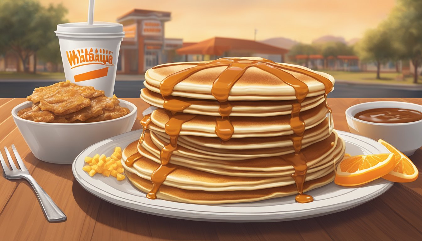 A plate of Whataburger pancakes with additional menu options and customizations, surrounded by a warm, inviting atmosphere