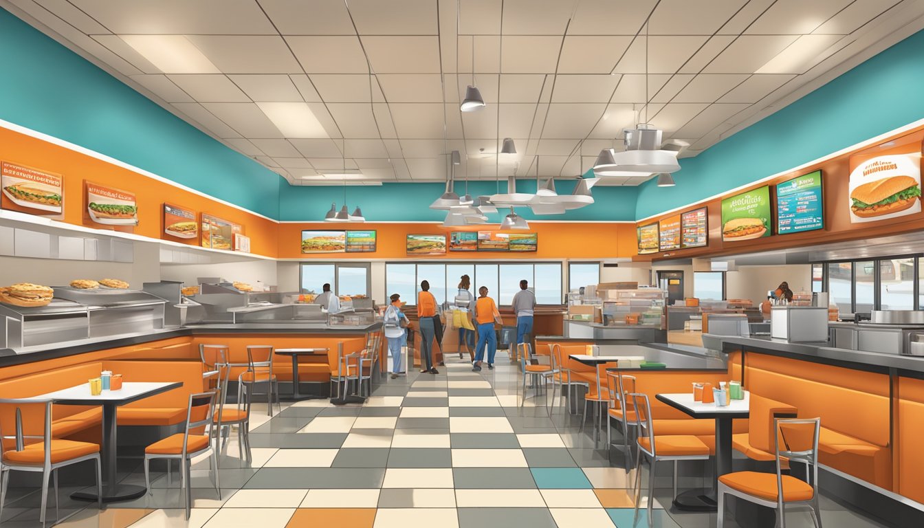 A bustling Whataburger restaurant in Texarkana, with colorful decor, booths, and a counter with staff taking orders and serving food