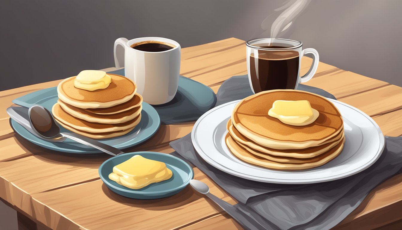 A plate of fluffy pancakes with syrup and butter, next to a warm cup of coffee on a wooden table