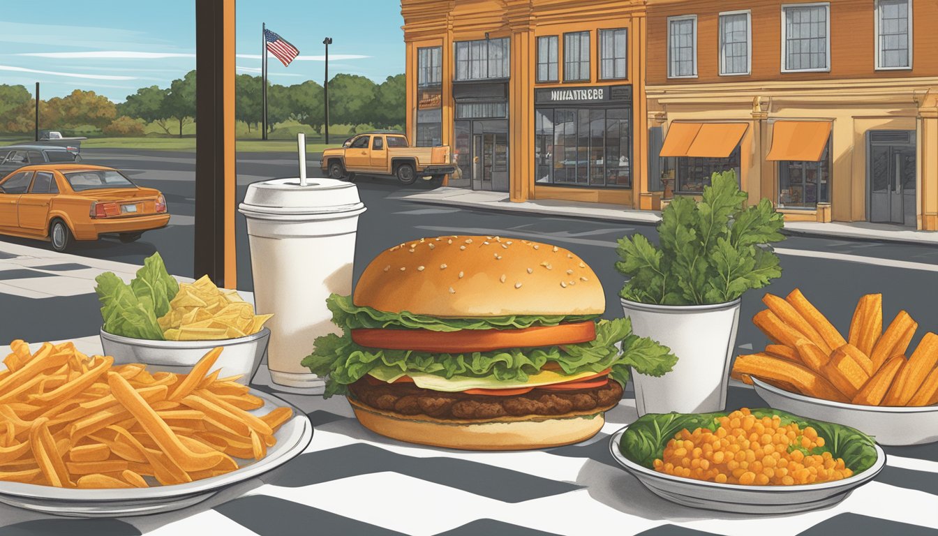 A table with a Whataburger menu, including nutritional and dietary information, surrounded by Texarkana landmarks and local produce