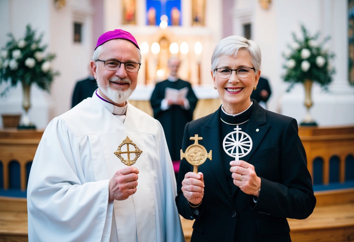 A celebrant and a humanist celebrant stand side by side, each holding a symbolic object representing their respective beliefs. The celebrant holds a religious symbol, while the humanist celebrant holds a secular symbol