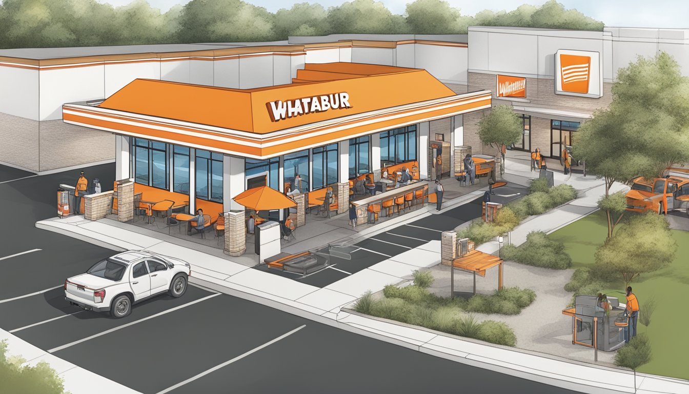 The bustling Whataburger Georgia location with a drive-thru, outdoor seating, and a team of employees working inside