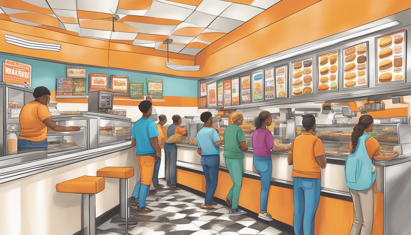 A bustling Whataburger restaurant in Texarkana, with colorful promotional signs and offers displayed prominently near the entrance. Customers line up at the counter to place their orders