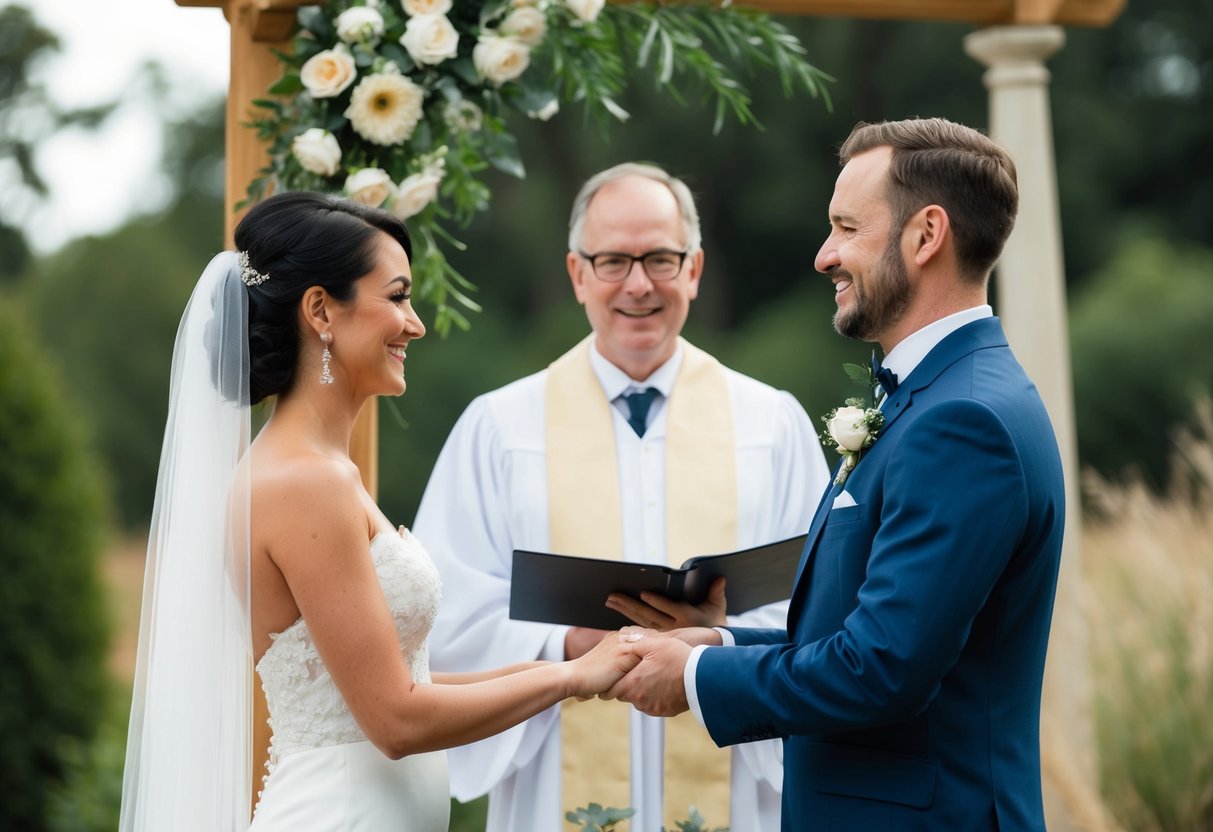 A celebrant officiates a wedding ceremony in a traditional setting, while a humanist celebrant conducts a non-religious ceremony in a natural outdoor setting