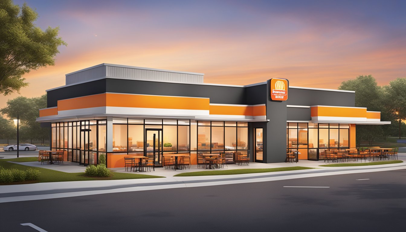 The sun sets behind a bustling Whataburger location in Georgia. Customers enjoy a newly renovated outdoor seating area, complete with vibrant landscaping and modern decor