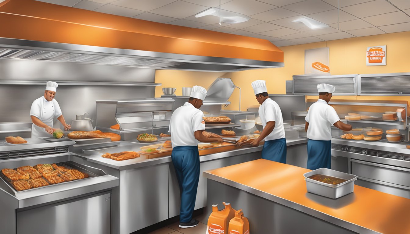 The bustling kitchen of a Whataburger in Texarkana, with chefs creating innovative dishes and the aroma of sizzling burgers filling the air