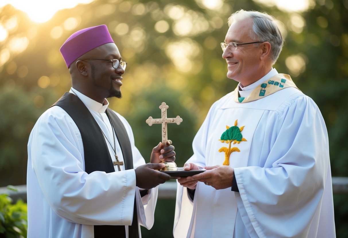 A celebrant holding a religious symbol, while a humanist celebrant holds a symbolic representation of nature or humanism