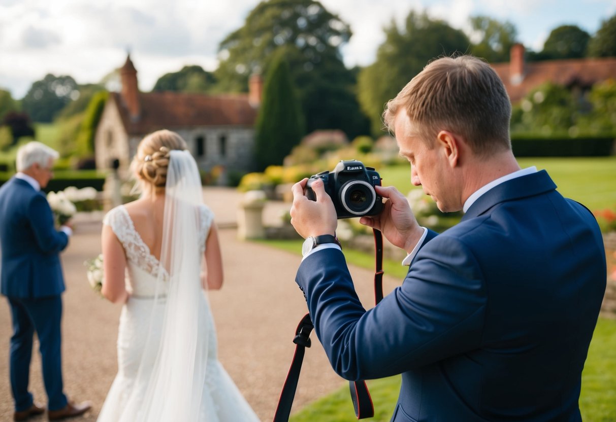 A beginner wedding photographer adjusting camera settings at a picturesque outdoor venue in the UK