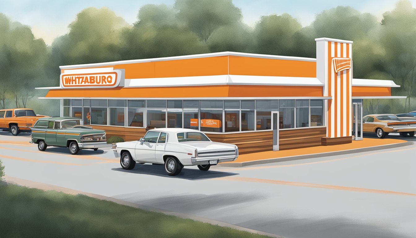 A Whataburger restaurant in Georgia stands tall among other regional fast-food chains, with its iconic orange and white striped exterior and a bustling drive-thru