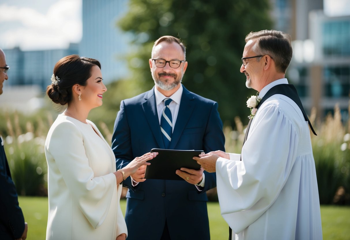 A celebrant officiating a legal ceremony with official recognition, while a humanist celebrant leads a non-religious ceremony