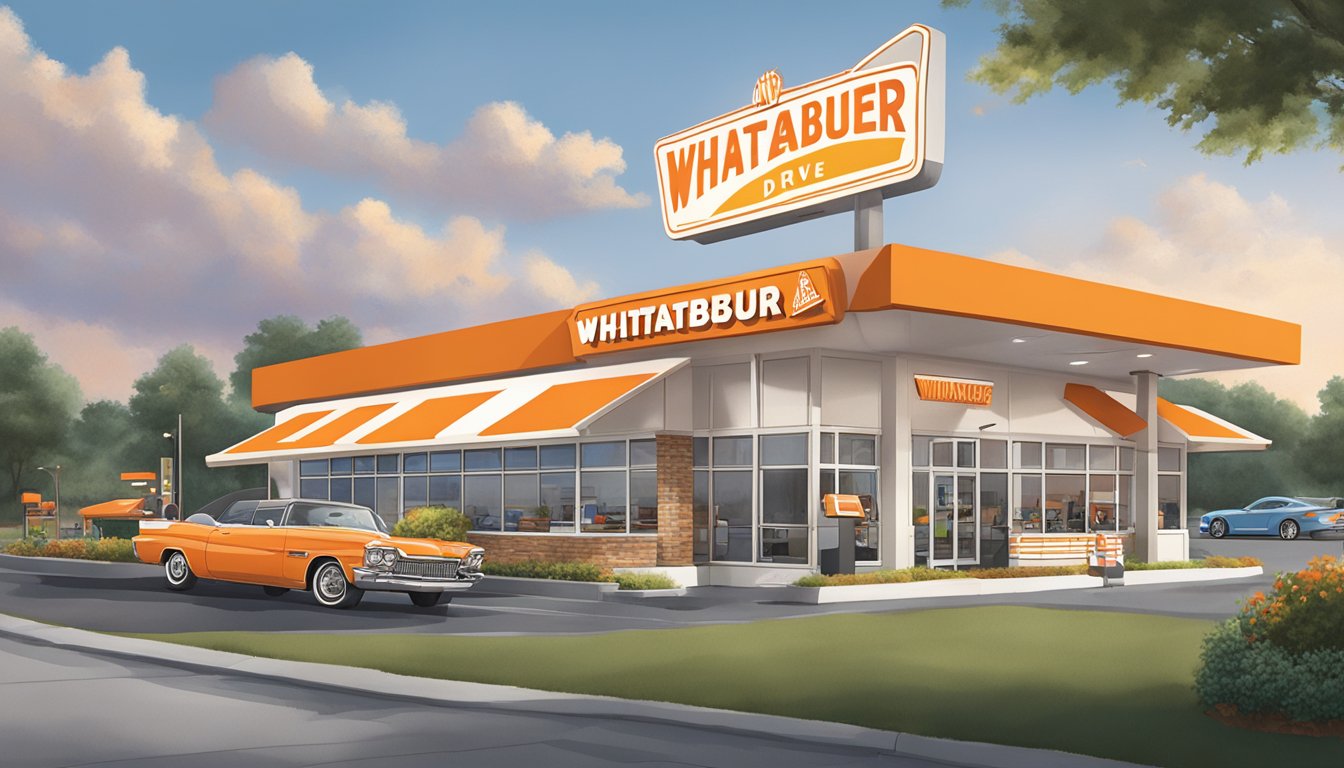 A Whataburger restaurant in Georgia, with a line of cars at the drive-thru and customers dining outside on the patio