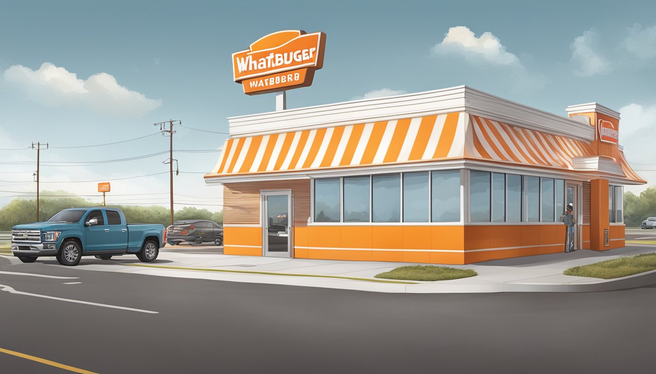 A bustling Whataburger in Thomasville, GA, with a classic orange and white striped exterior, drive-thru window, and a line of hungry customers