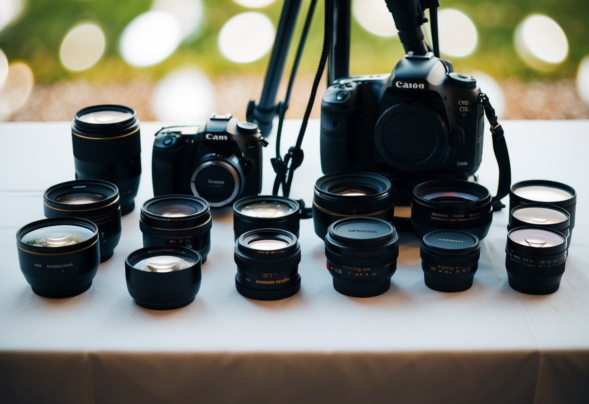 A wedding photographer's camera, lenses, tripod, and lighting equipment arranged neatly on a table, ready to capture the perfect moments of a couple's special day