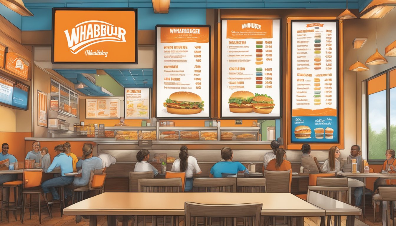 A colorful menu board displays Whataburger highlights in a busy Thomasville, GA restaurant