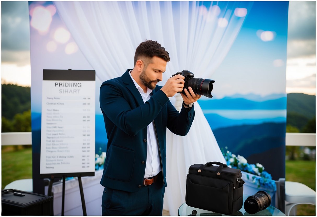 A wedding photographer adjusting camera settings in front of a scenic backdrop, with a pricing chart and equipment visible nearby