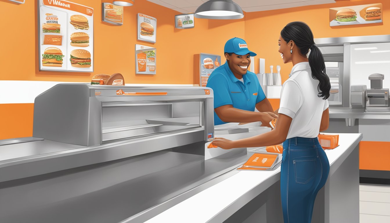 A customer stands at the counter, placing an order at a Whataburger restaurant in Thomasville, GA. The cashier takes the order with a smile