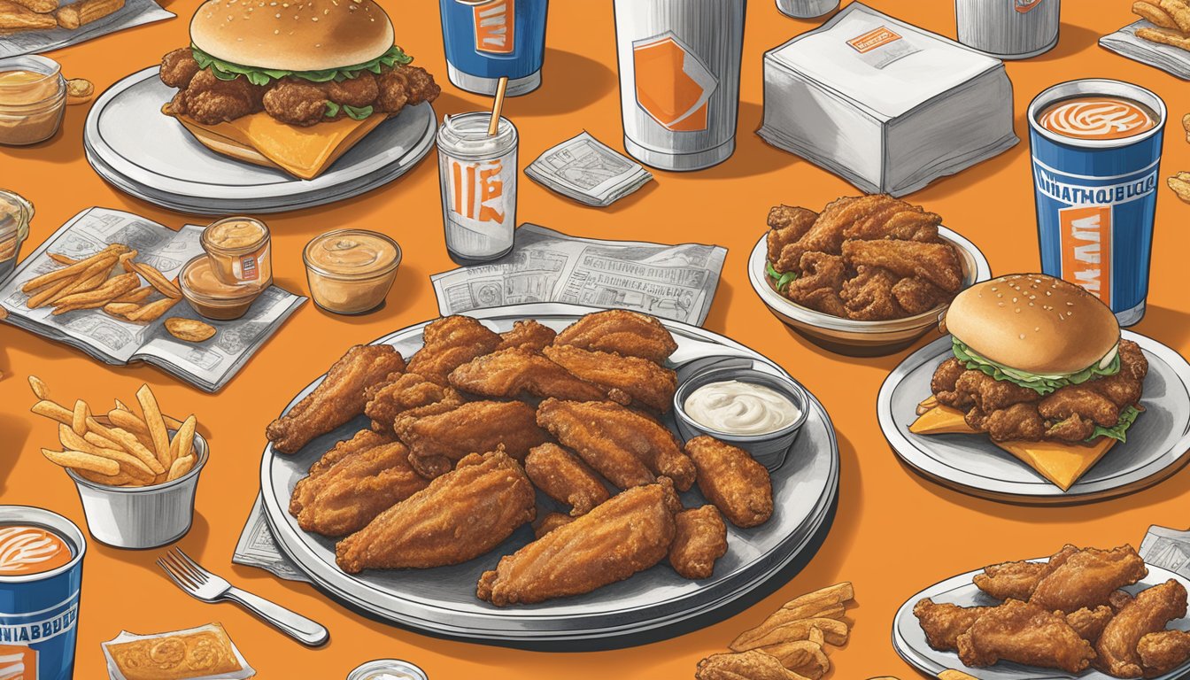 A table filled with various flavors of Whataburger wings, surrounded by historical images and memorabilia depicting the evolution of the brand