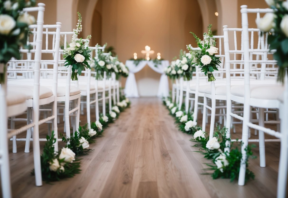 An aisle in a wedding: two rows of chairs facing each other, adorned with flowers and leading towards an altar at the end