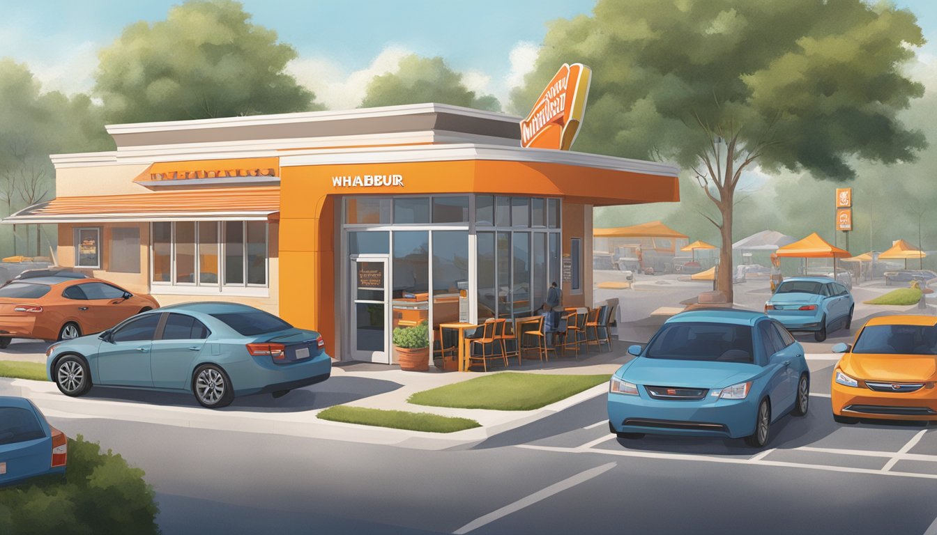 A bustling Whataburger in Thomasville, GA, with a drive-thru line of cars and a colorful outdoor seating area