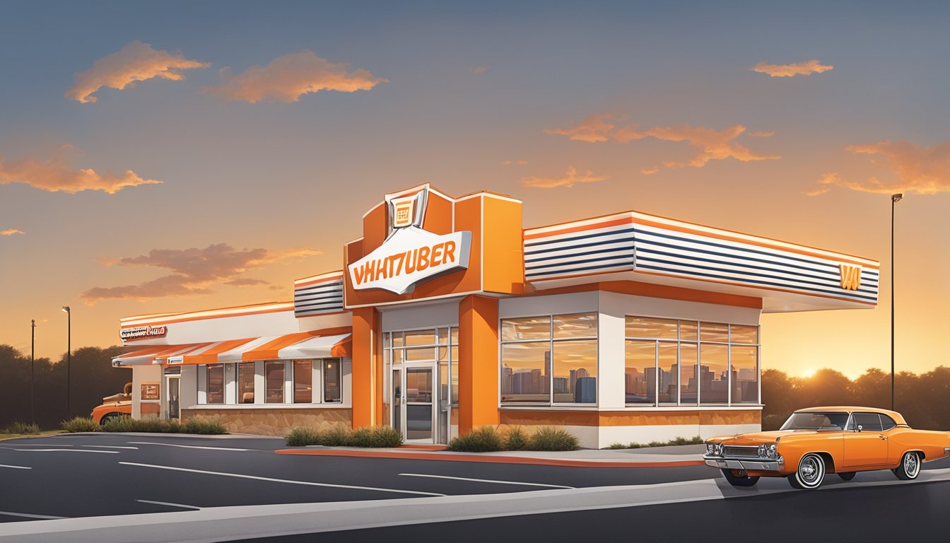 The iconic orange and white striped building of Whataburger stands tall against the backdrop of the San Marcos skyline, with a line of cars wrapped around the drive-thru and the warm glow of the Texas sunset in the distance