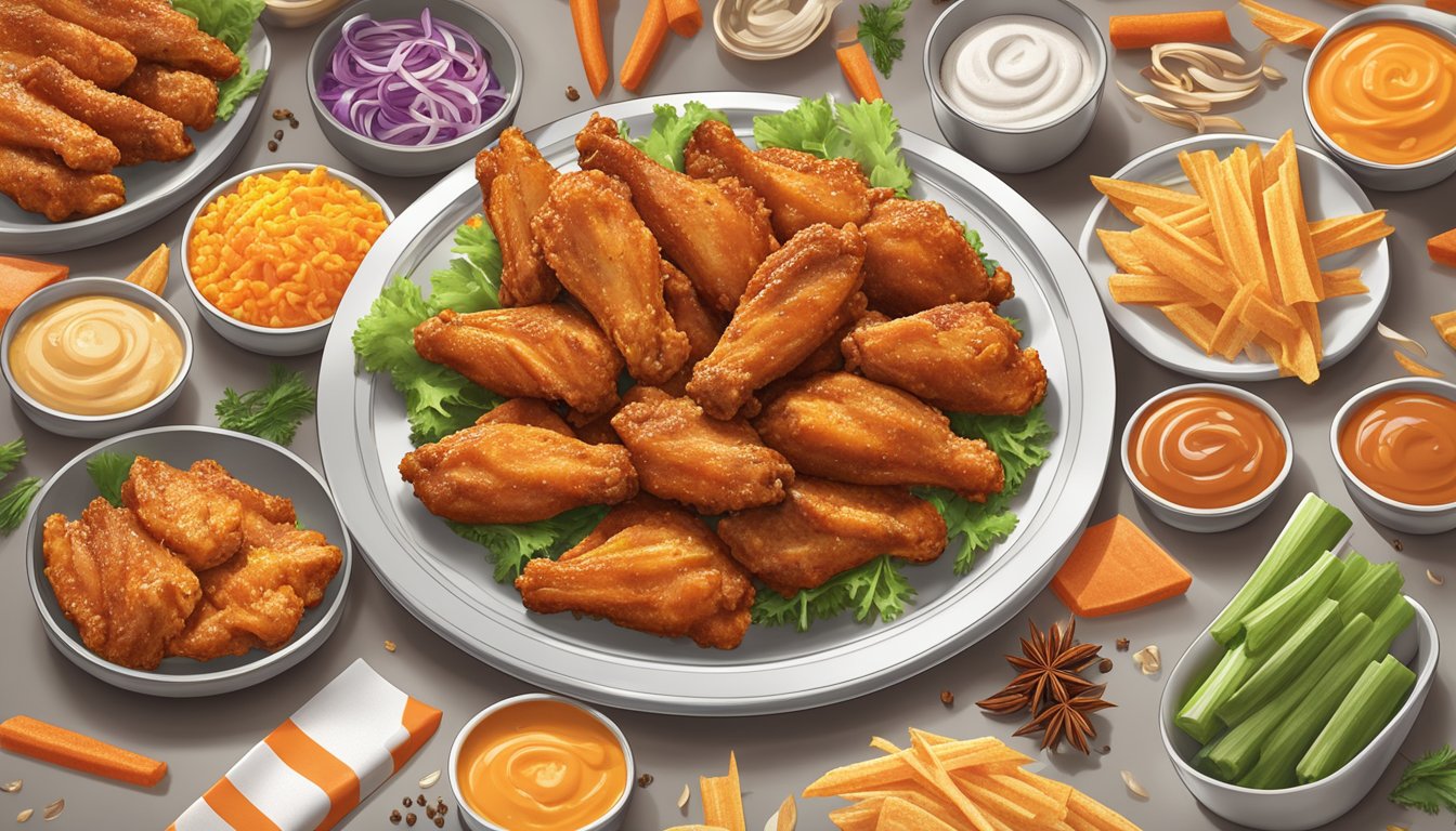 A plate of WhatABurger wings in various flavors, surrounded by colorful ingredients and seasonings