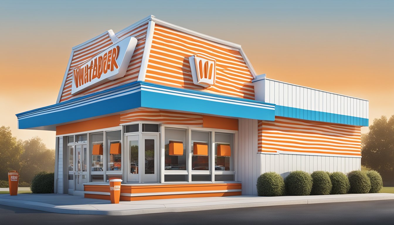 The iconic orange and white striped building of Whataburger in Thomasville, GA, with its distinctive A-frame roof and bold signage, stands out against the backdrop of a clear blue sky