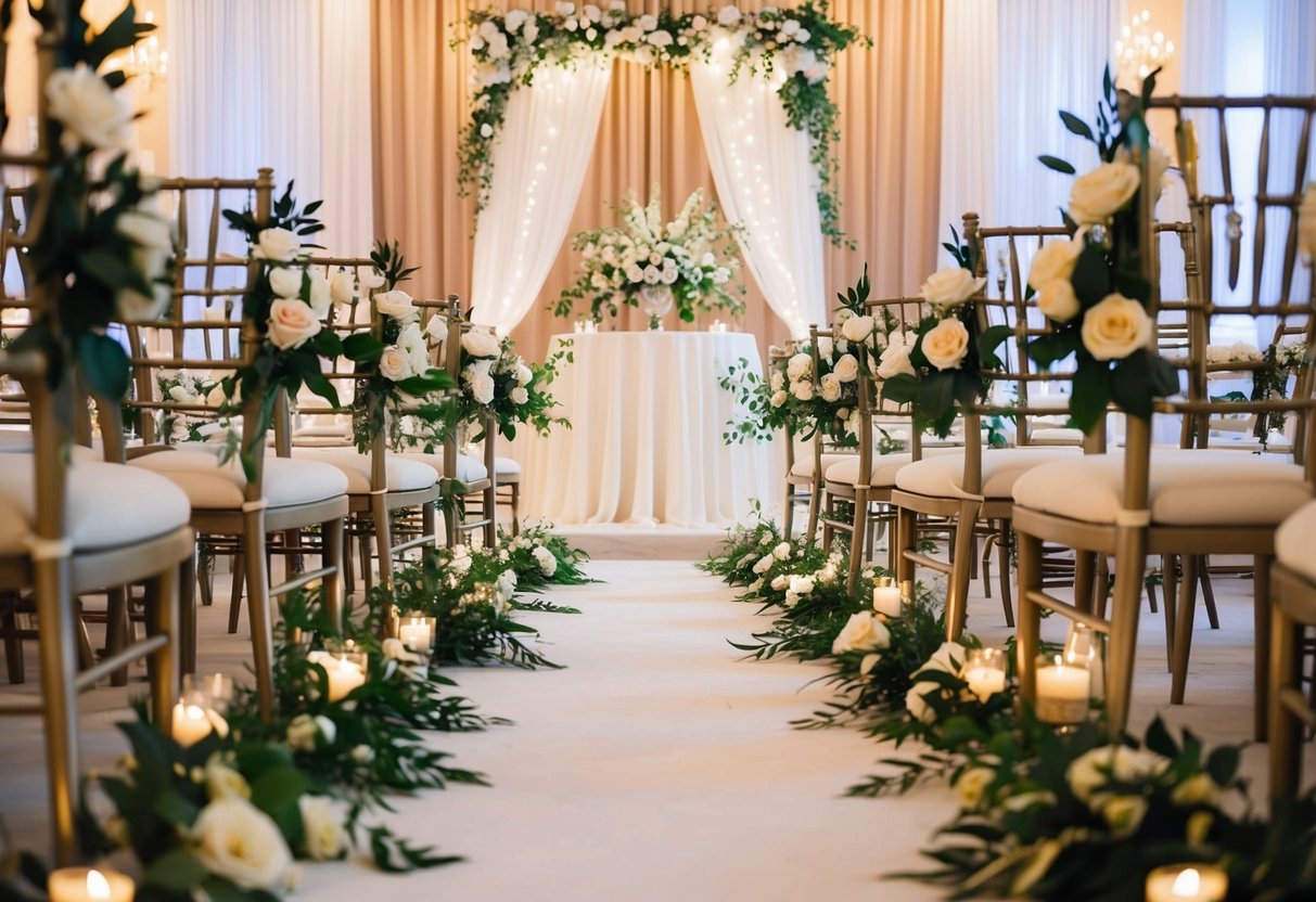 Aisle at a wedding: Rows of elegant chairs with floral decorations leading to a beautifully adorned altar with flowing fabric and twinkling lights