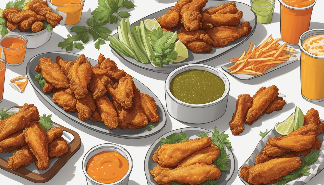 A platter of crispy wings in Signature Whataburger flavors, surrounded by colorful dipping sauces and garnished with fresh herbs