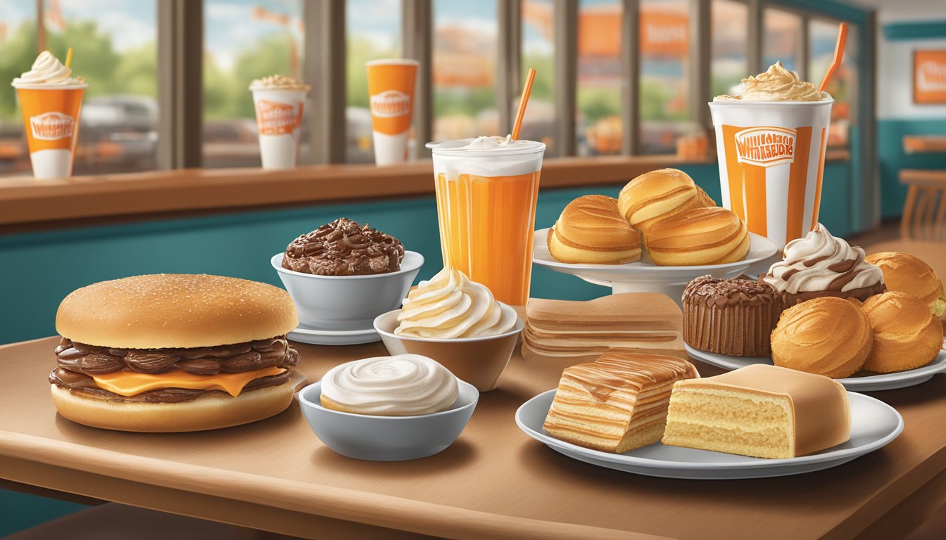 A table set with a variety of desserts and beverages at a Whataburger in Thomasville, GA