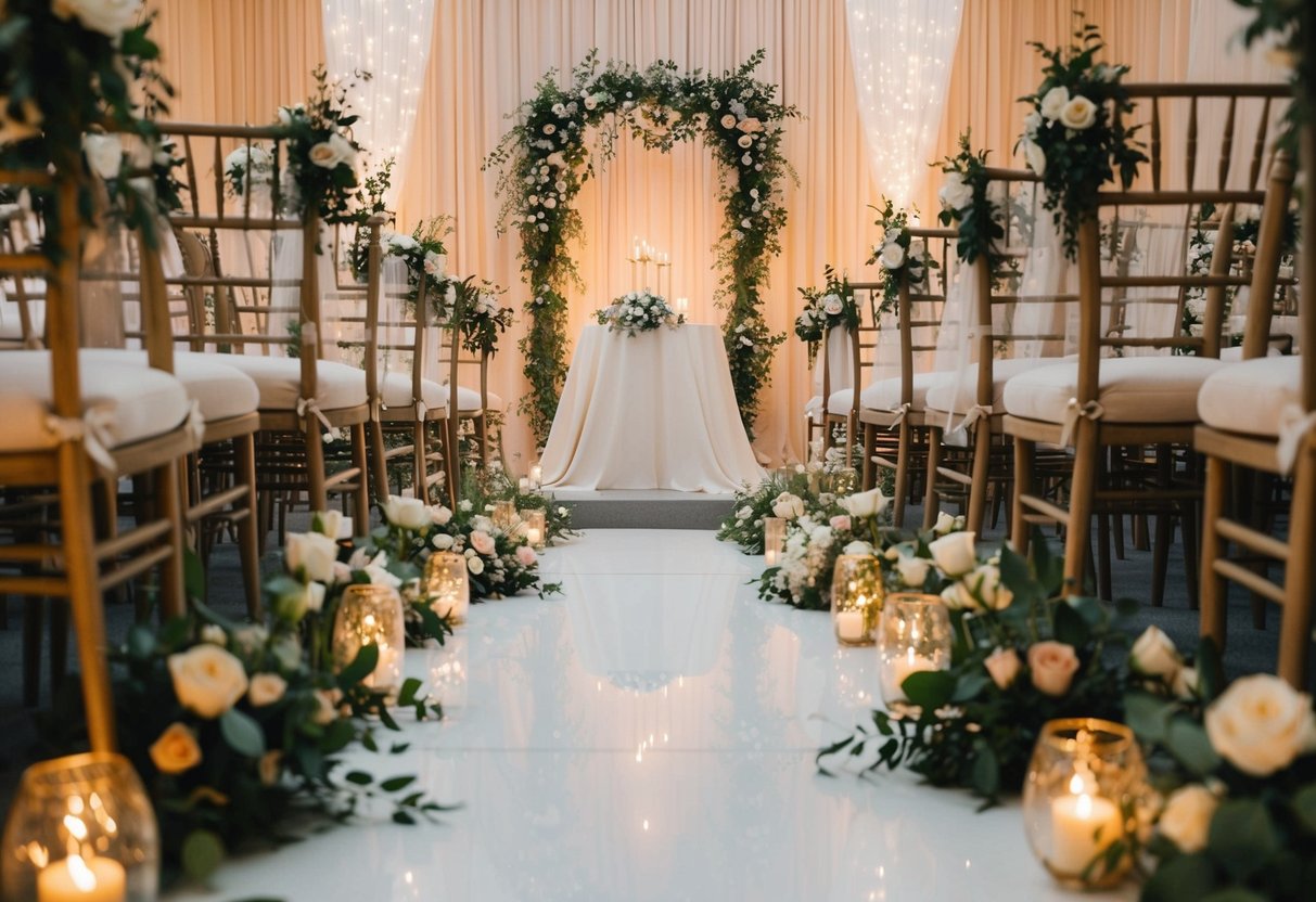 A floral-lined aisle leads to an altar adorned with delicate fabric and twinkling lights, creating a romantic and enchanting atmosphere